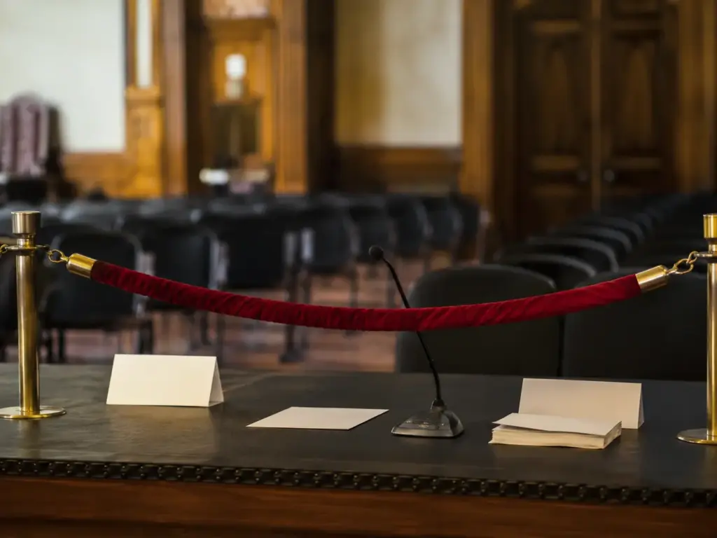 Ein rotes Absperrseil spannt sich quer über einen dunklen Tisch mit Mikrofon und Karten; dahinter sind in einem formellen Saal unscharfe leere Stuhlreihen zu sehen.