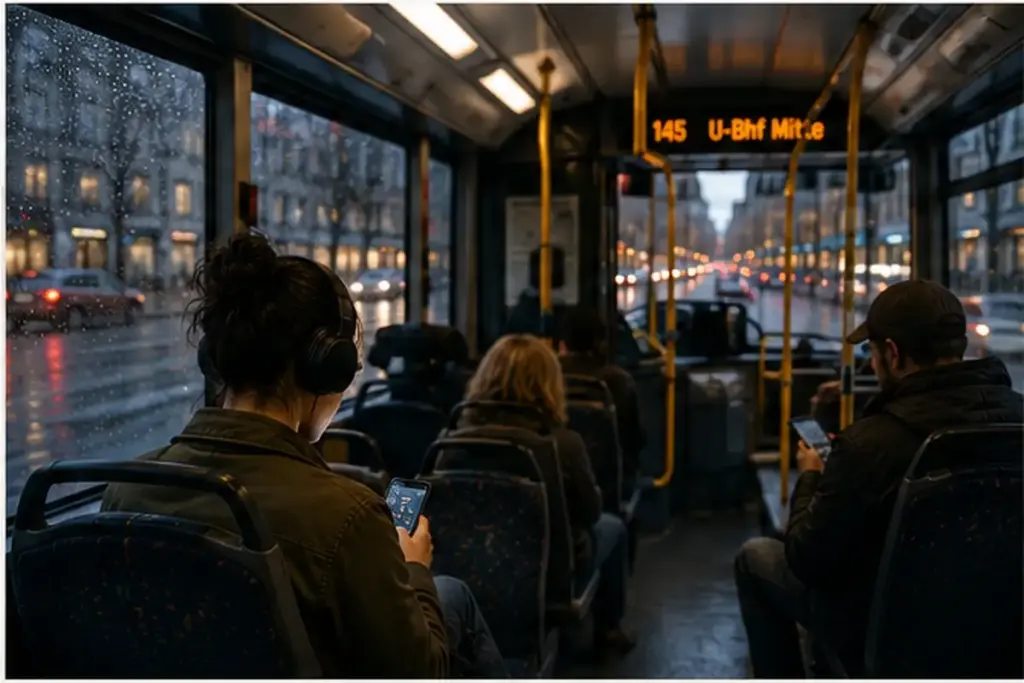Blick durch den Mittelgang eines Busses auf mehrere sitzende Fahrgäste mit Smartphones; an den Scheiben sind Regentropfen zu sehen.