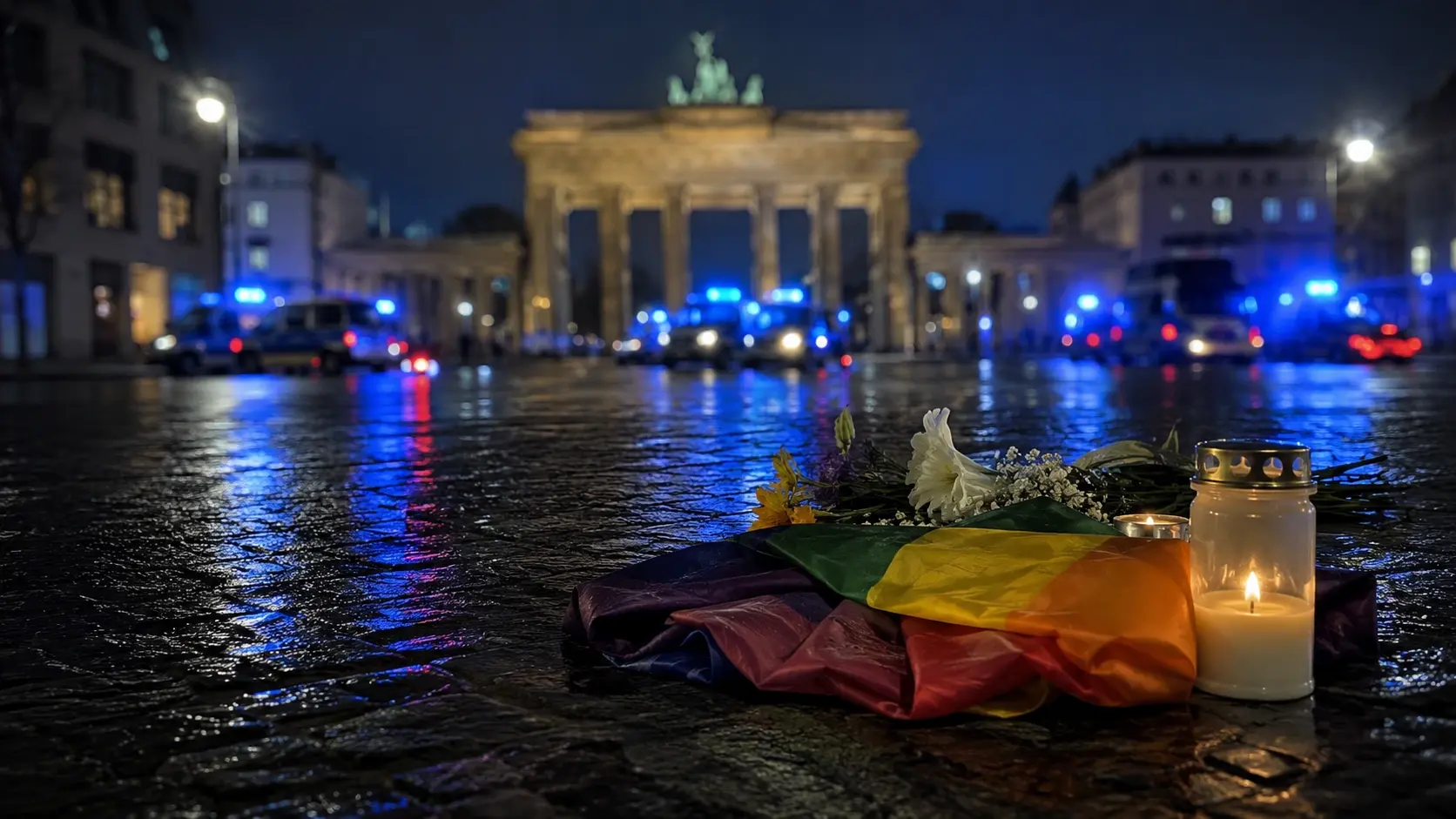 Auf regennassem Pflaster liegen eine Regenbogenflagge, Blumen und zwei brennende Gedenkkerzen; im unscharfen Hintergrund stehen vor einem monumentalen Stadttor mehrere Polizeifahrzeuge mit blauem Einsatzlicht.