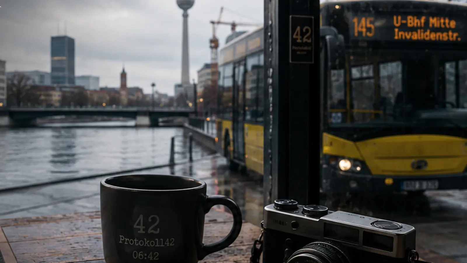 Regennasse Stadtansicht durch ein Fenster; auf einem Holztisch stehen eine dunkle Tasse und eine Kamera, rechts hält ein gelber Bus.
