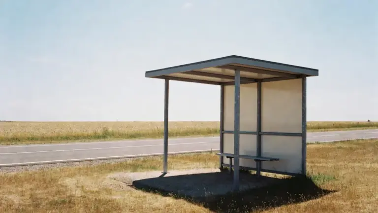 Eine leere Bushaltestelle mit flachem Metalldach steht an einer Landstraße zwischen trockenem Gras und Feldern.