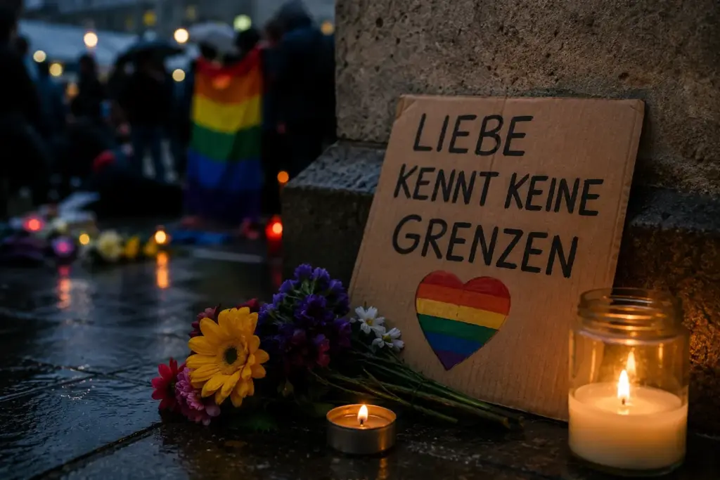 Ein handbeschriebenes Pappschild mit der Aufschrift „LIEBE KENNT KEINE GRENZEN“ und einem Regenbogenherz lehnt neben Blumen und brennenden Kerzen an einer Steinwand; im unscharfen Hintergrund stehen Menschen im Regen mit einer Regenbogenflagge.