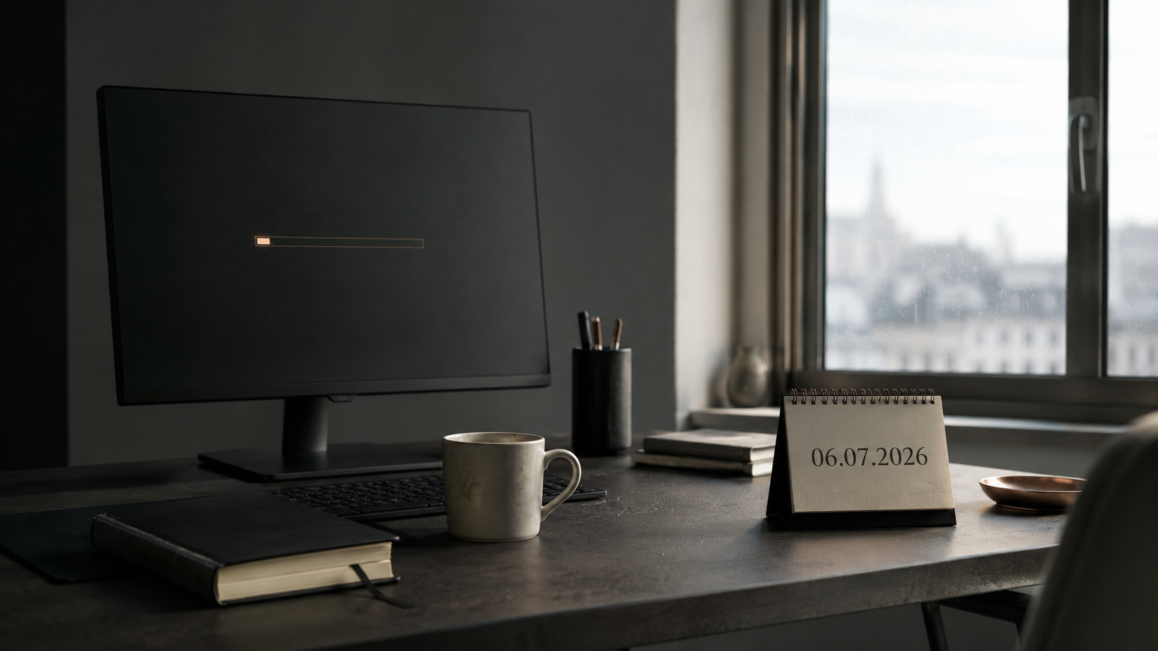 Montag als Neustartfehler: ein leerer Schreibtisch im frühen Morgenlicht mit Kalenderblatt vom 06.07.2026 und einem wartenden Bildschirm.