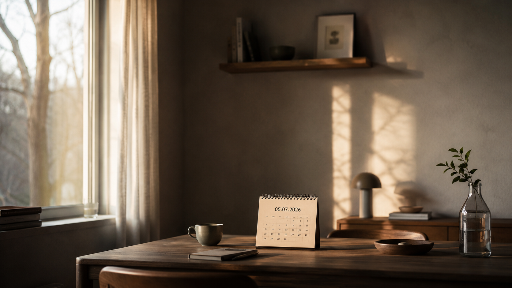 Ein ruhiger, minimalistischer Raum im warmen Sonntagnachmittagslicht mit einem Kalender auf dem Tisch, der den 05.07.2026 zeigt.