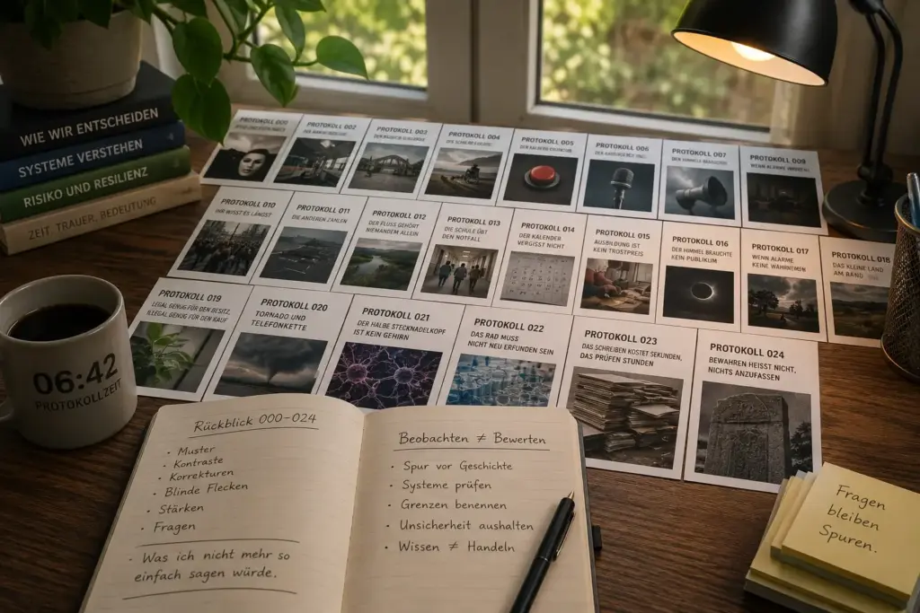Auf einem Schreibtisch liegen zahlreiche ausgedruckte Protokollkarten von 000 bis 024 neben einem geöffneten Notizbuch, einer Tasse und handschriftlichen Notizen zum Rückblick.