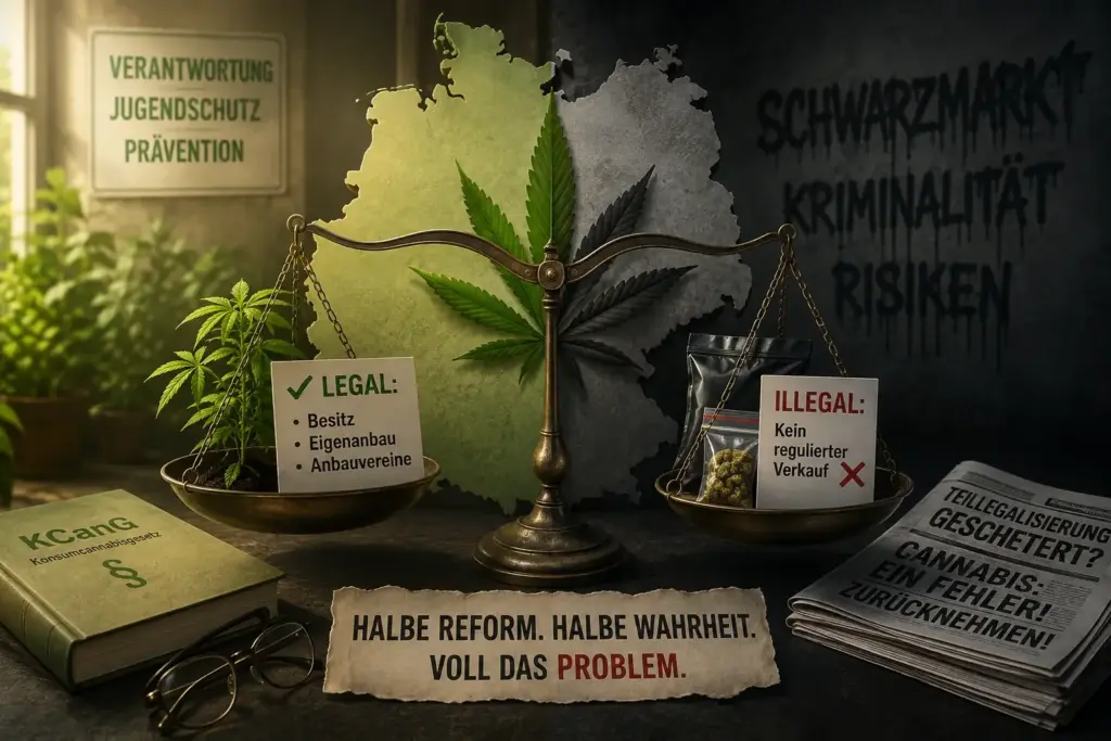 Eine Waage vor einer stilisierten Deutschlandkarte stellt legalen Besitz und Eigenanbau einem weiterhin illegalen, unregulierten Cannabismarkt gegenüber.