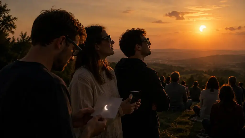 Mehrere Menschen mit Finsternisbrillen beobachten gemeinsam die teilweise verdeckte Sonne über einer goldenen Landschaft am Abend.