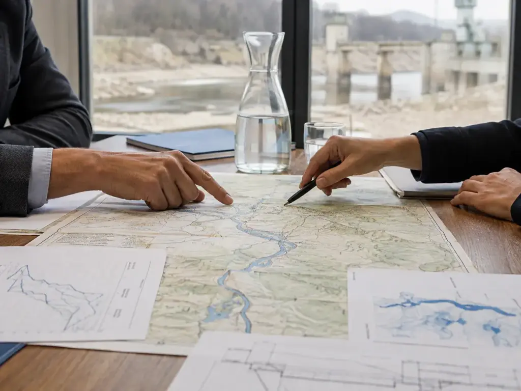 Zwei Personen zeigen auf eine große Flusskarte auf einem Besprechungstisch; daneben liegen Pegeldiagramme und Unterlagen, im Hintergrund ist durch ein Fenster eine Staustufe an einem sehr niedrigen Fluss zu sehen.
