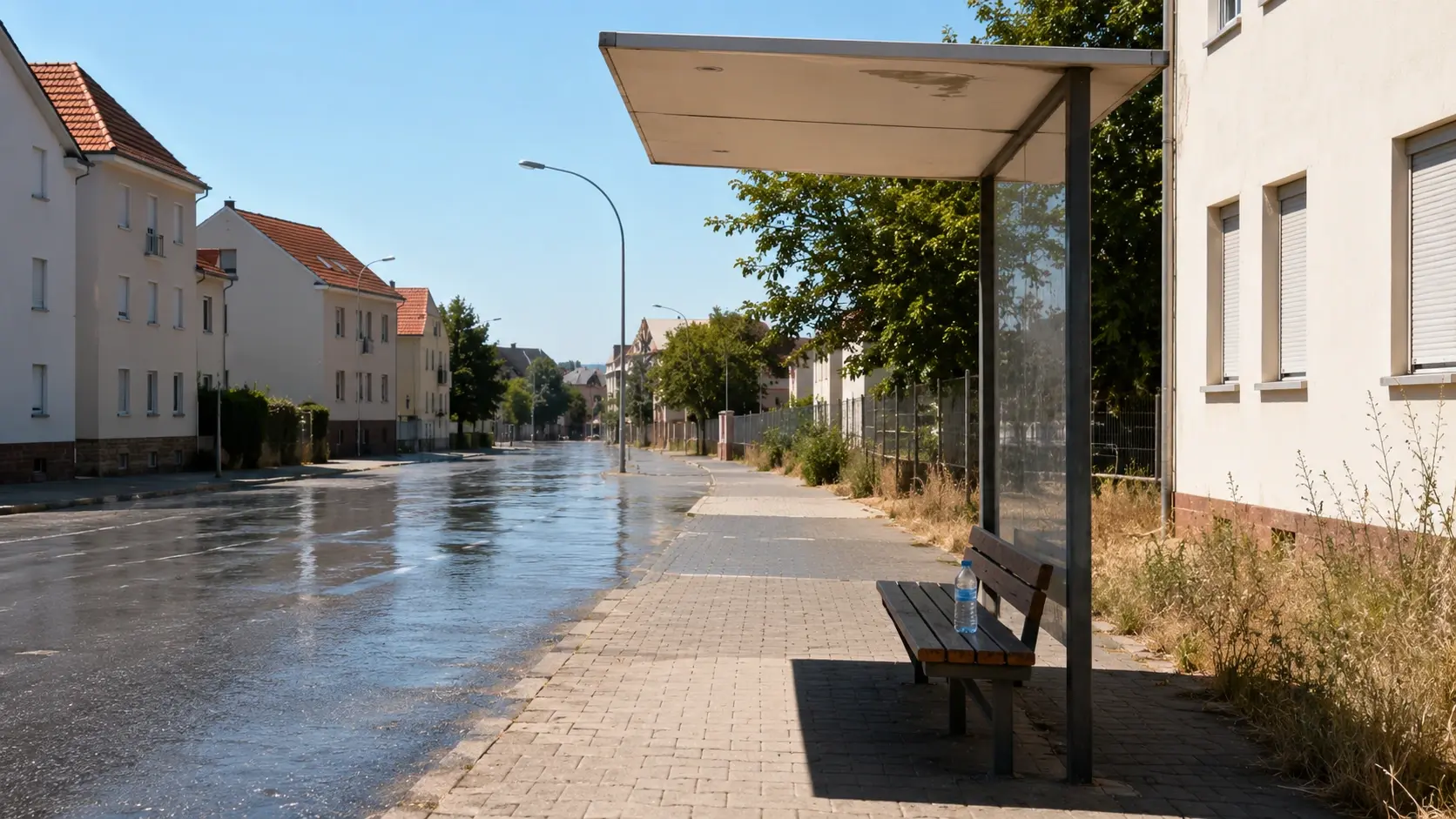 Eine verlassene Bushaltestelle an einer hellen Wohnstraße in starker Sommersonne; auf der Bank steht eine einzelne Wasserflasche, am Straßenrand ist das Gras vertrocknet.