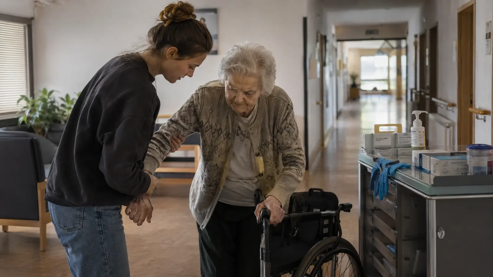 Eine junge Helferin stützt in einem Pflegeheim eine ältere Frau mit Rollator beim Gehen durch den Flur; daneben steht ein Pflegewagen mit Material.