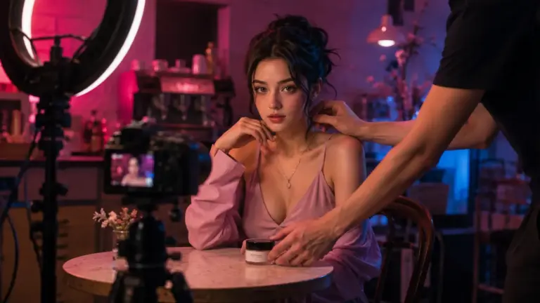 Eine fiktive junge Influencerin sitzt in einem neonbeleuchteten Café-Studio vor Ringlicht und Kamera, während eine Assistenzperson ihre Pose und ein Kosmetikprodukt ausrichtet.