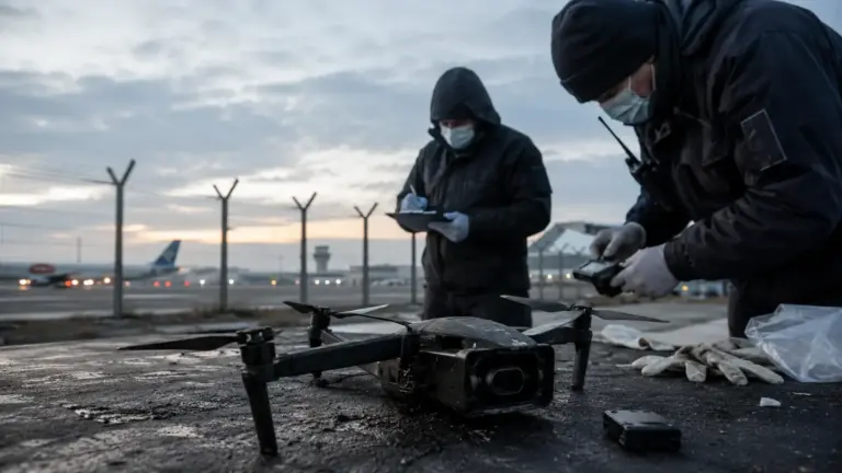 Zwei forensisch gekleidete Personen untersuchen eine beschädigte schwarze Drohne auf einer Arbeitsfläche; im unscharfen Hintergrund liegen Rollfeld, Flughafenzaun und Flugzeuge.