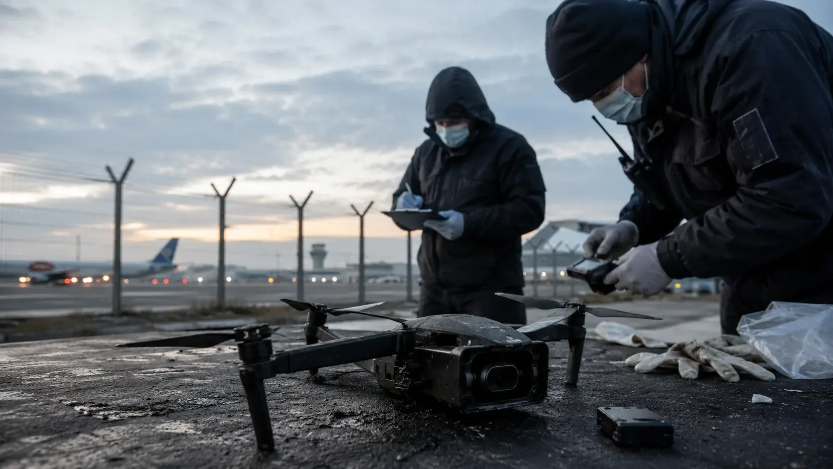 Zwei forensisch gekleidete Personen untersuchen eine beschädigte schwarze Drohne auf einer Arbeitsfläche; im unscharfen Hintergrund liegen Rollfeld, Flughafenzaun und Flugzeuge.