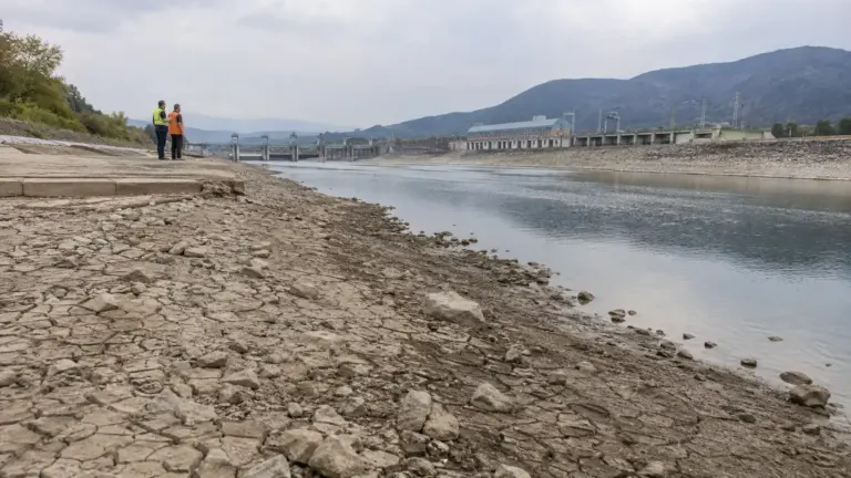 Zwei Fachleute in Warnwesten stehen an einem stark abgesunkenen Flussufer; gegenüber liegen eine Staustufe und technische Anlagen, während breite trockene Uferflächen freiliegen.
