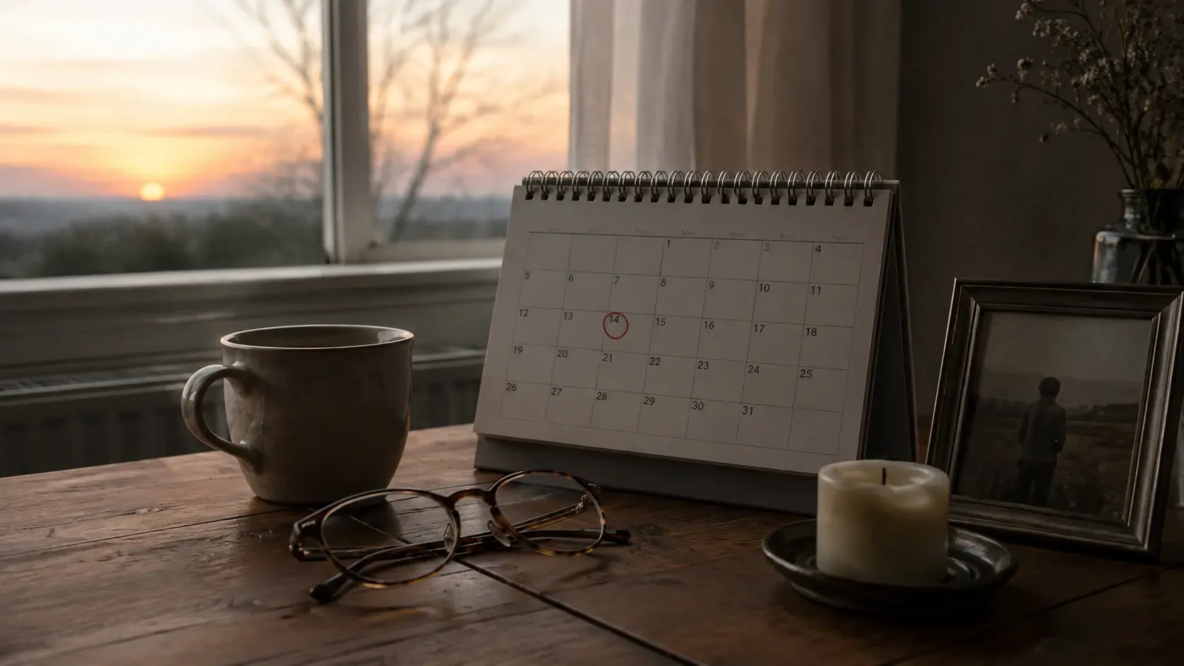 Ein Tischkalender mit markiertem 14. Tag steht im warmen Morgenlicht neben einer Tasse, einer Brille, einer Kerze und einem gerahmten Erinnerungsfoto.