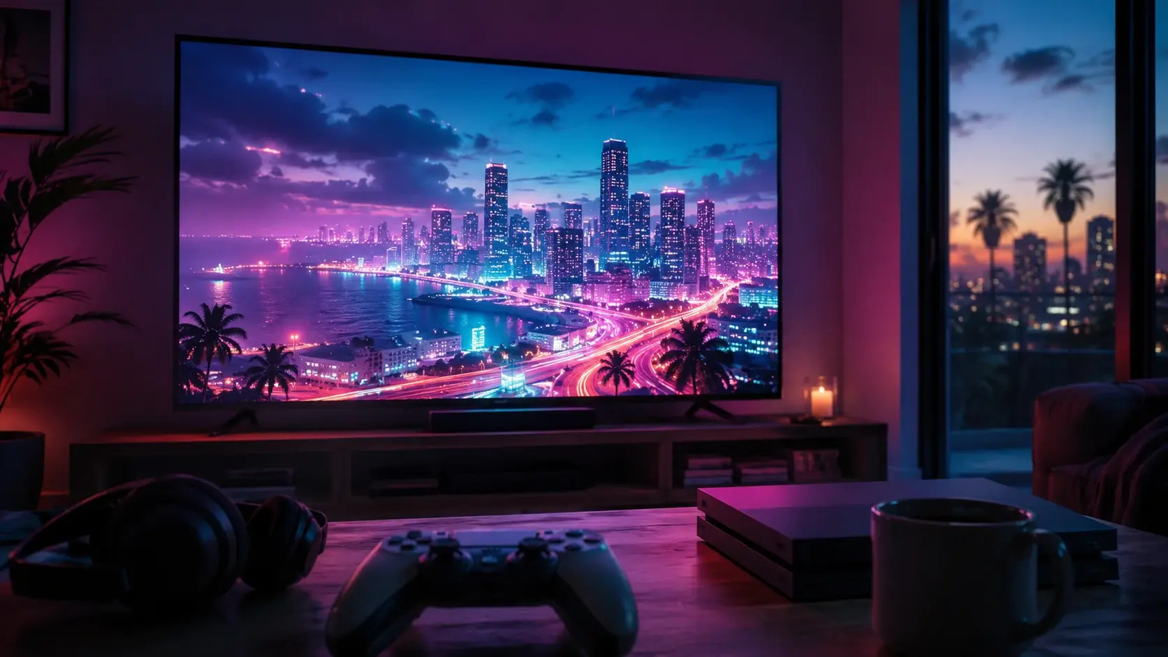 Ein Gaming-Wohnzimmer in der Dämmerung mit Controller, Konsole und einem Fernseher, auf dem eine neonbeleuchtete Küstenstadt mit Palmen zu sehen ist.