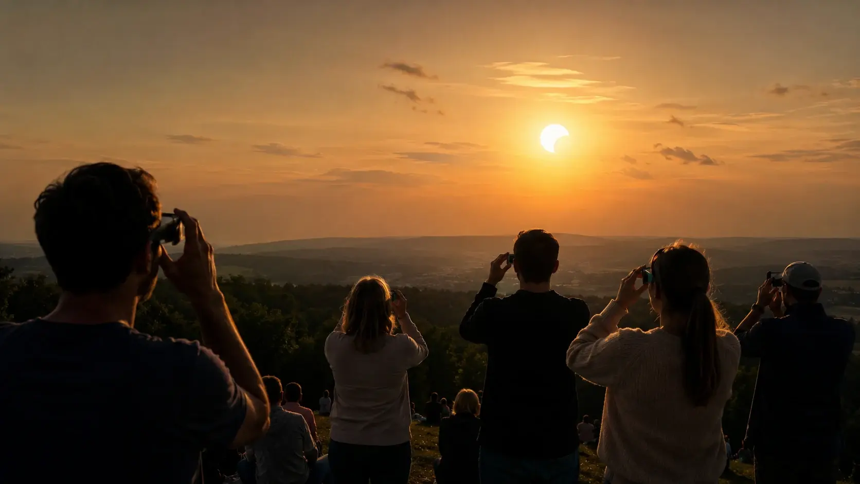 Menschen beobachten mit Finsternisbrillen eine partielle Sonnenfinsternis über einer abendlichen Hügellandschaft.