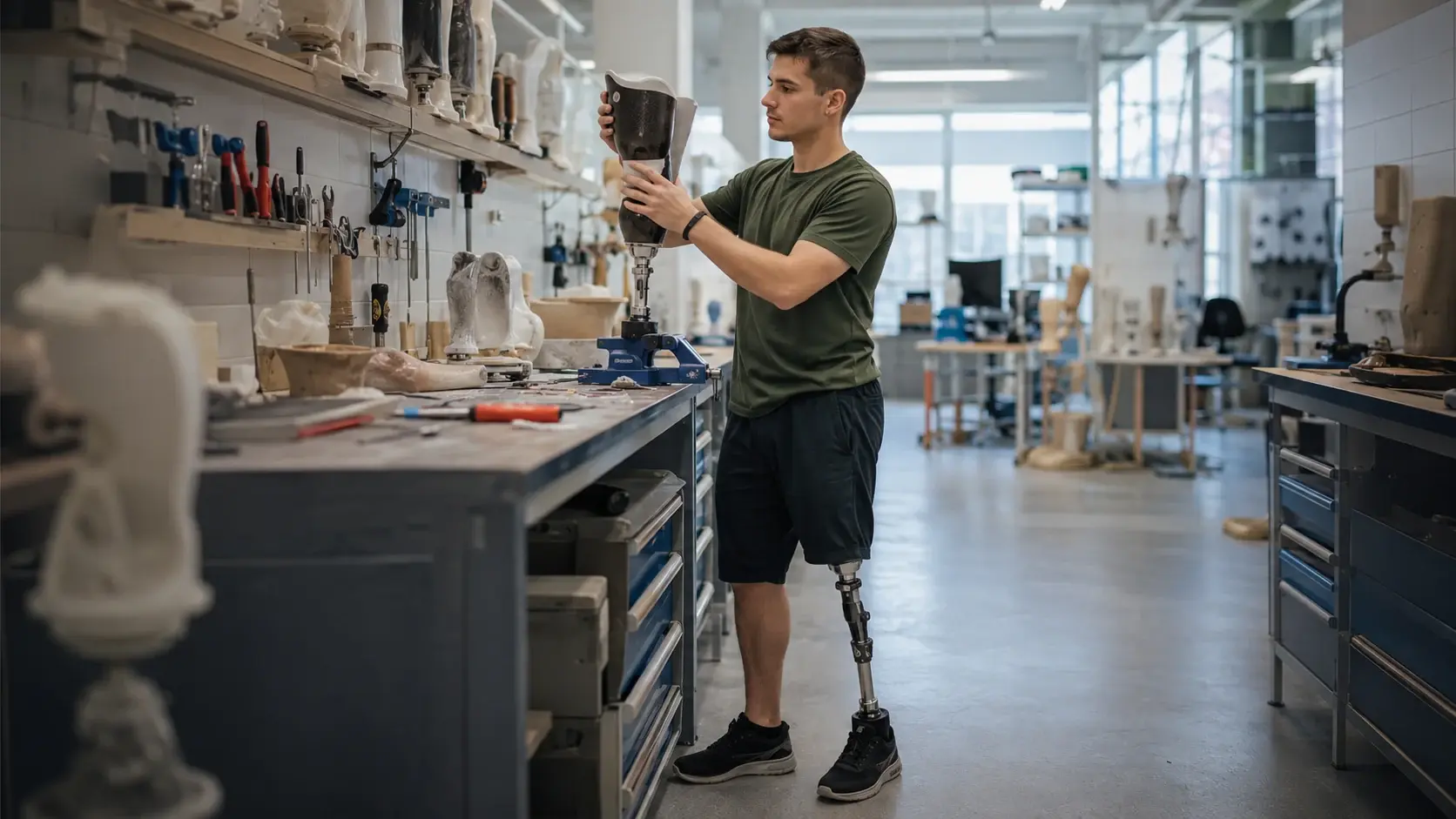 Ein junger Orthopädietechnik-Trainee mit Unterschenkelprothese prüft in einer modernen Werkstatt eine Prothesenkomponente an der Werkbank.