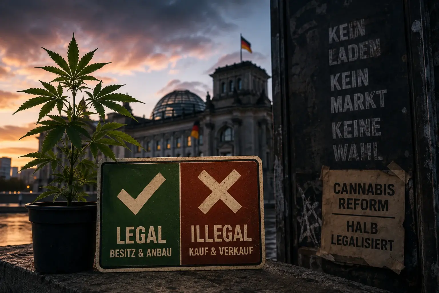 Eine Cannabispflanze steht vor einem geteilten Legal-Illegal-Schild, während im Hintergrund eine deutsche Parlamentsarchitektur in der Dämmerung zu sehen ist.