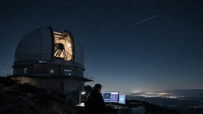 Ein Observatorium unter Sternenhimmel beobachtet einen hellen Asteroiden am Nachthimmel, während im Vordergrund eine Person an Monitoren arbeitet.