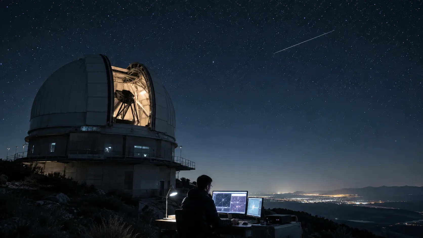 Ein Observatorium unter Sternenhimmel beobachtet einen hellen Asteroiden am Nachthimmel, während im Vordergrund eine Person an Monitoren arbeitet.