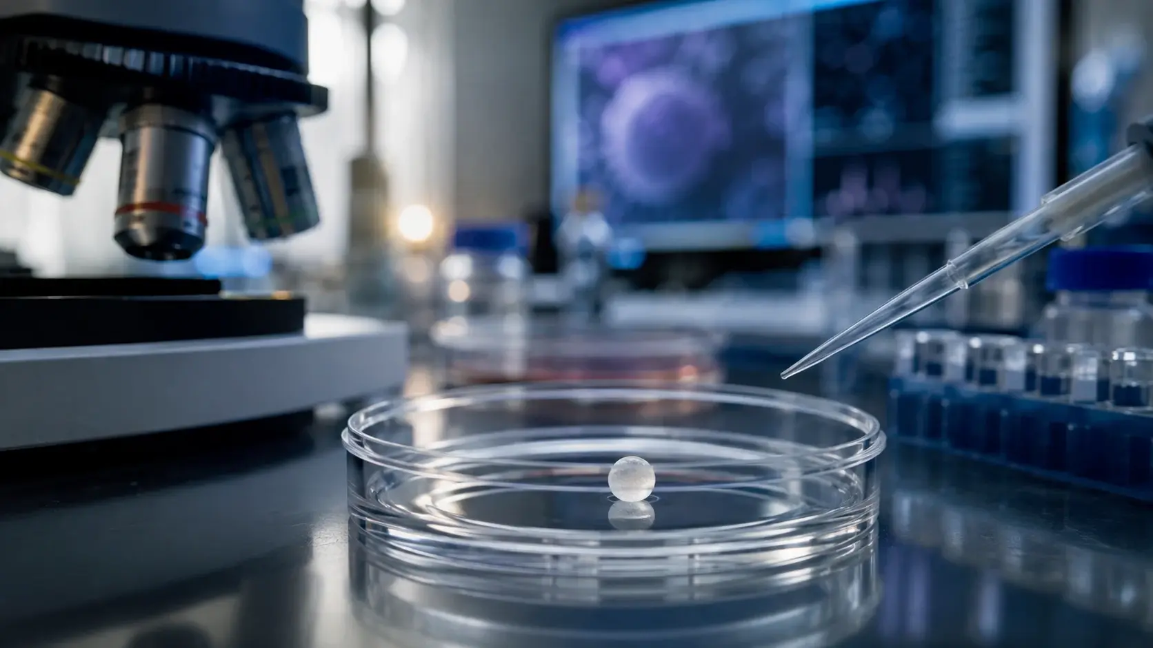 Ein winziges kugelförmiges 3D-Gewebemodell liegt in einer Petrischale zwischen Mikroskop und Pipette in einem modernen Forschungslabor.