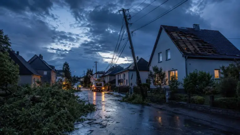 Eine nasse Wohnstraße nach schwerem Unwetter mit beschädigtem Dach, umgestürzten Ästen, schiefen Strommasten und Einsatzkräften im Hintergrund.