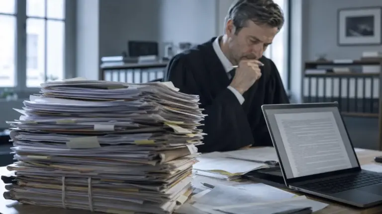 Ein großer Akten- und Papierstapel liegt neben einem Notebook in einem Gerichtsbüro, während im Hintergrund eine richterlich gekleidete Person konzentriert Unterlagen prüft.