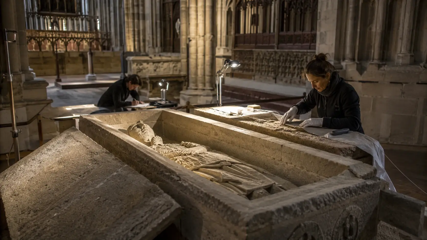 Restauratoren arbeiten in einer mittelalterlichen Kathedrale an einem geöffneten historischen Steinsarkophag.