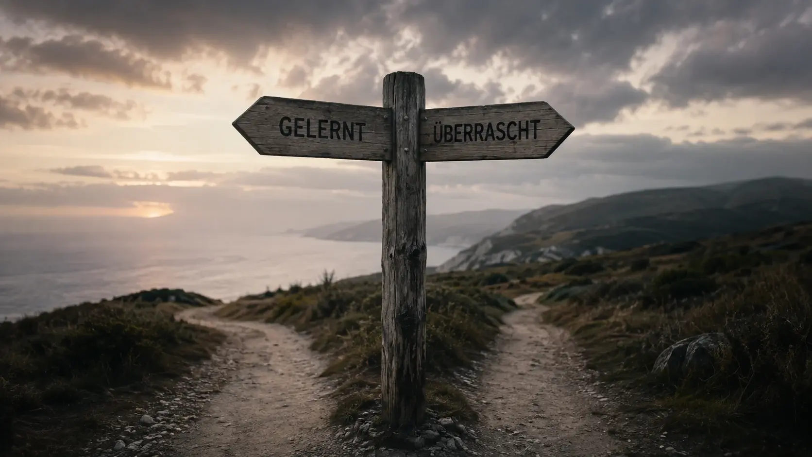 Ein verwitterter Wegweiser steht an einer Weggabelung über einer Küstenlandschaft, während zwei Wege in unterschiedliche Richtungen führen.