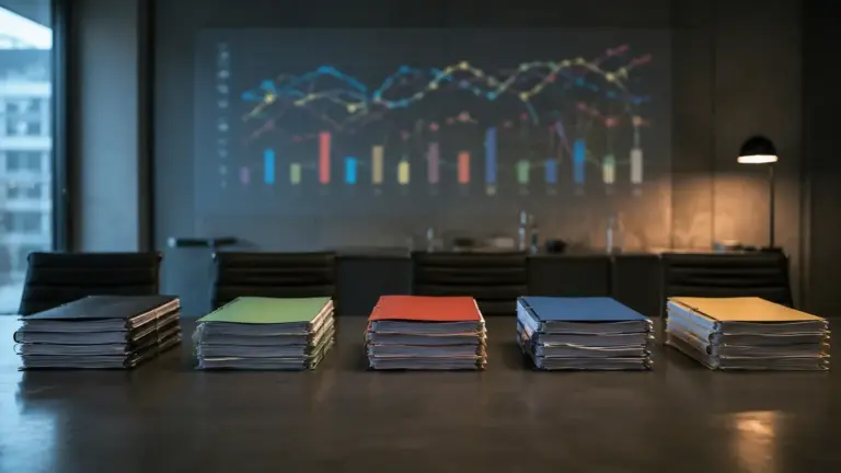 Fünf unterschiedlich farbige Aktenstapel liegen getrennt auf einem Konferenztisch; im Hintergrund ist unscharf ein Diagramm mit mehreren politischen Entwicklungslinien projiziert.