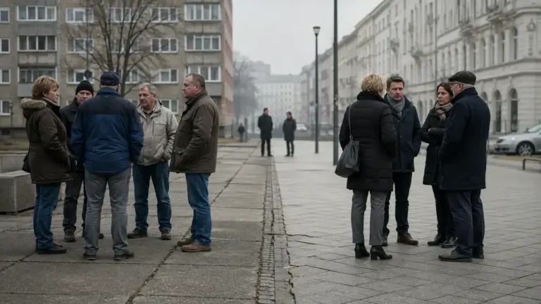 Zwei getrennte Gesprächsgruppen stehen auf gegenüberliegenden Seiten eines urbanen Platzes; links vor Plattenbauten, rechts vor sanierten Altbauten.