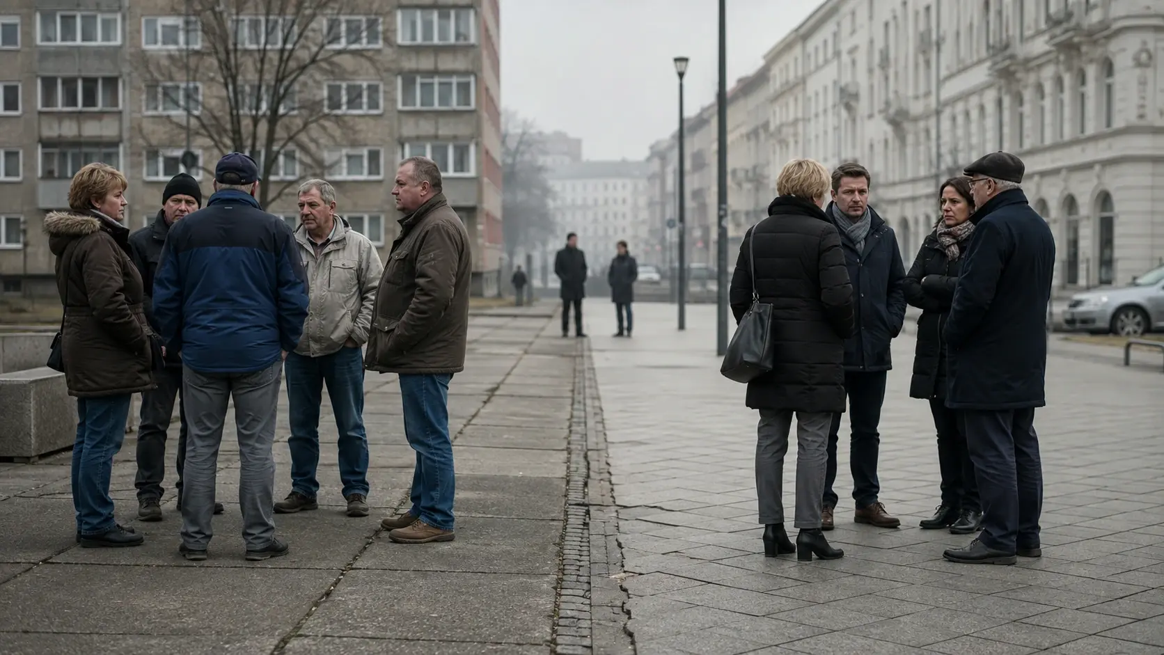 Zwei getrennte Gesprächsgruppen stehen auf gegenüberliegenden Seiten eines urbanen Platzes; links vor Plattenbauten, rechts vor sanierten Altbauten.