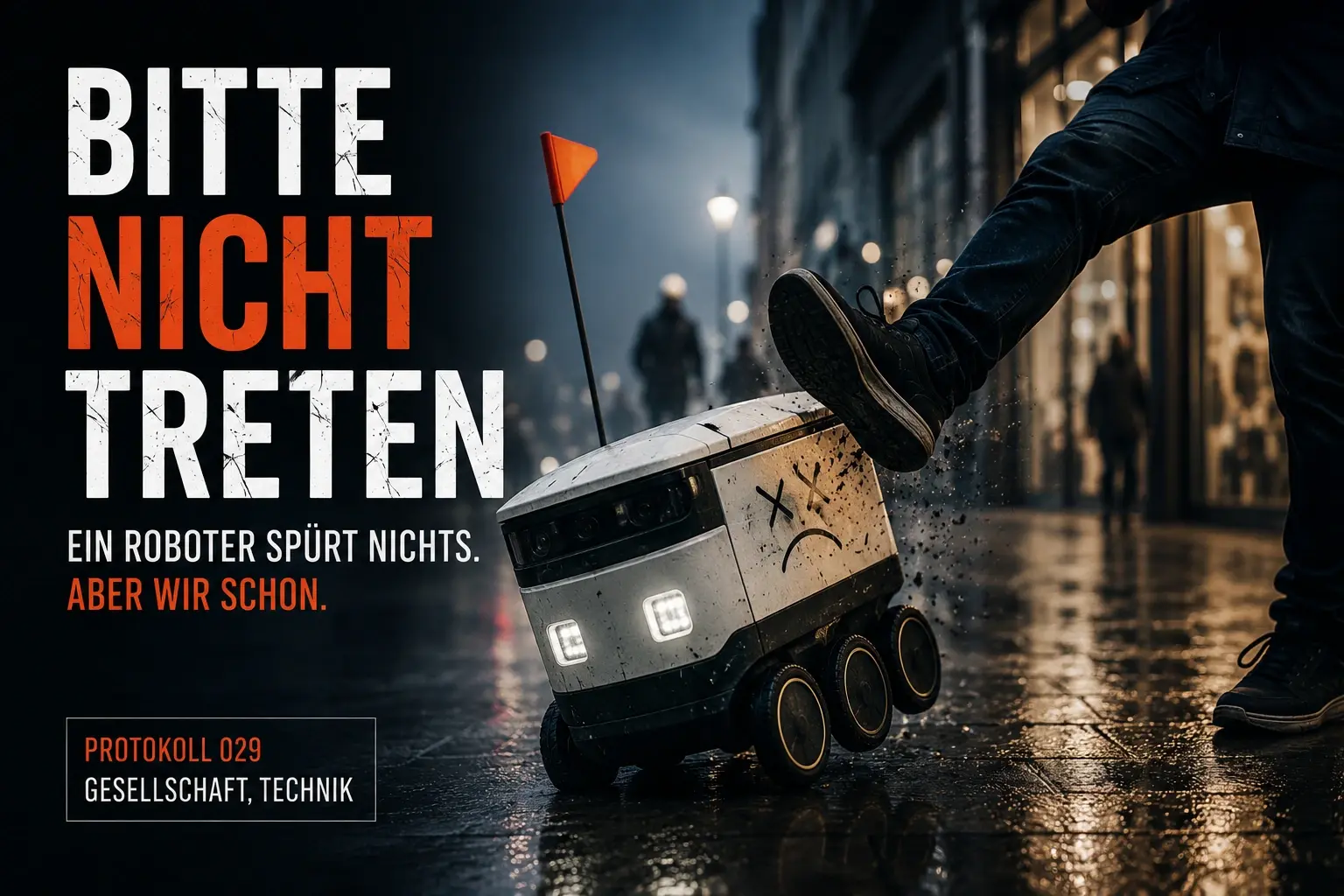Auf einer regennassen Straße tritt eine Person gegen einen kleinen Lieferroboter. Links stehen der Titel „Bitte nicht treten“, Protokoll 029 und die Kategorien Gesellschaft und Technik.