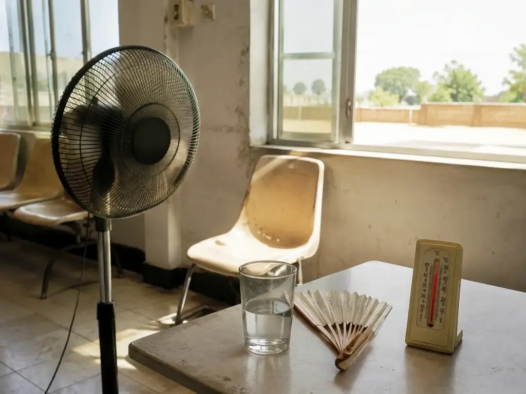 Ein stiller, aufgeheizter Warteraum mit geöffneten Fenstern, Standventilator, Wasserglas, Fächer und Thermometer auf einem Tisch.