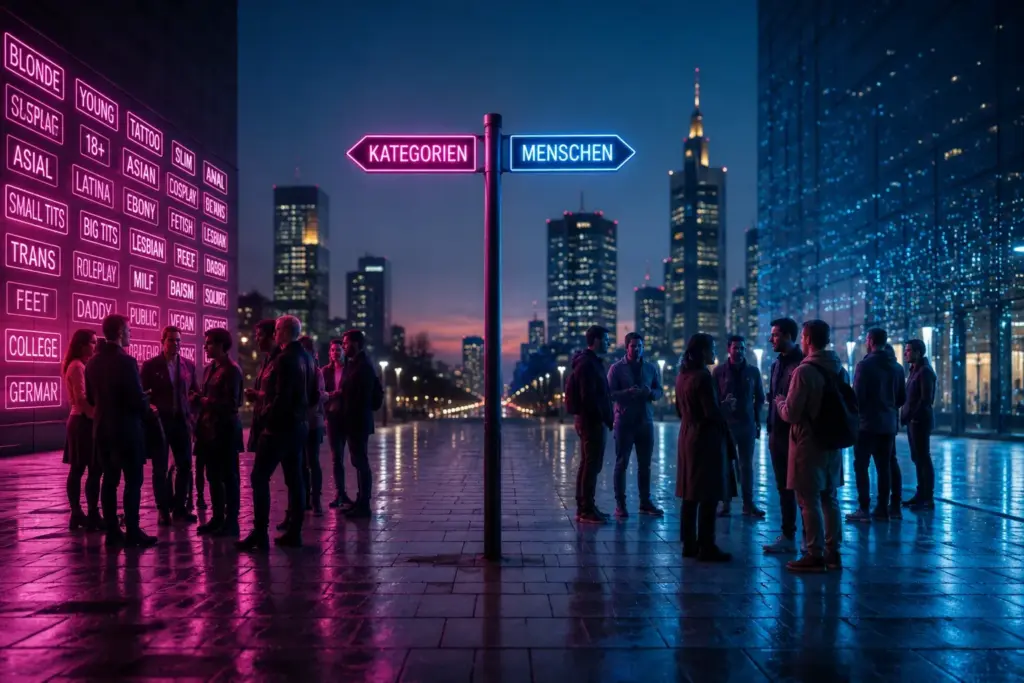 Menschen stehen nachts auf einem urbanen Platz zwischen einer Wand voller Kategorien und einem Wegweiser, der zwischen „Kategorien“ und „Menschen“ unterscheidet.