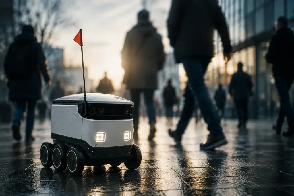 Ein kleiner weißer Lieferroboter mit sechs Rädern steht auf regennassem Stadtpflaster, während unscharf dargestellte Menschen an ihm vorbeigehen.
