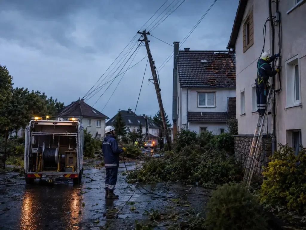 Netztechniker reparieren nach einem schweren Sturm beschädigte Hausanschlüsse und Leitungen in einer nassen Wohnstraße mit umgestürzten Ästen.