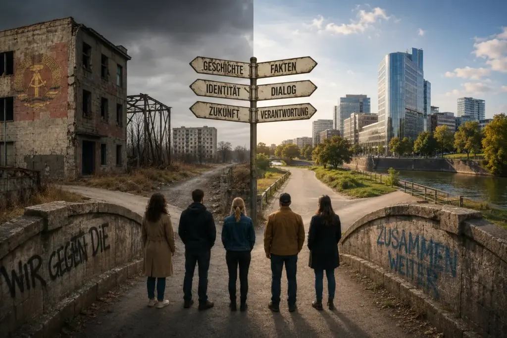 Fünf Menschen stehen an einer Weggabelung zwischen verfallener Industriearchitektur und moderner Stadt; ein Wegweiser nennt Geschichte, Identität, Zukunft, Fakten, Dialog und Verantwortung.