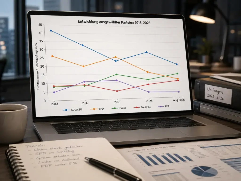 Ein Laptop zeigt ein Liniendiagramm zur Entwicklung von CDU/CSU, SPD, Grünen, Linken und FDP zwischen Bundestagswahlen und dem DeutschlandTrend 2026; daneben liegen Notizen und Auswertungen.