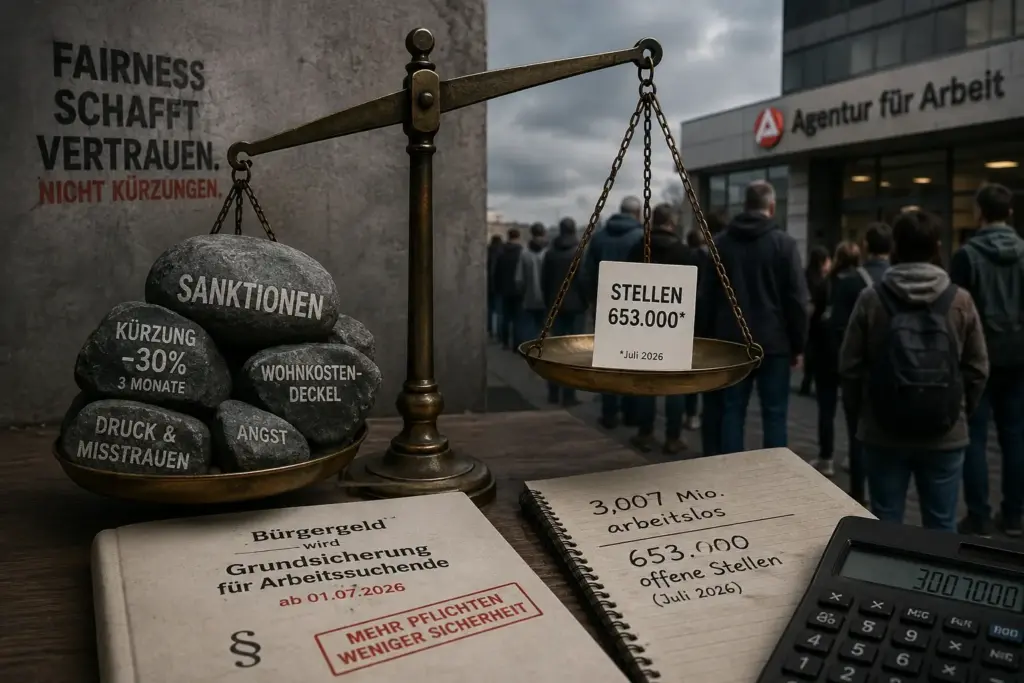 Eine alte Waage zeigt ein Ungleichgewicht: Auf einer Seite liegen Steine mit Begriffen wie Sanktionen, Kürzung und Angst, auf der anderen ein Schild mit der Zahl offener Stellen.
