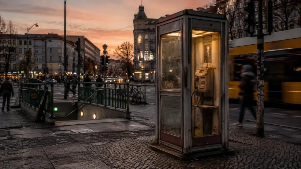 Eine ältere beleuchtete Telefonzelle steht bei Abendlicht auf einem belebten Berliner Platz neben einem U-Bahn-Zugang; im Hintergrund fährt ein gelber Bus vorbei.