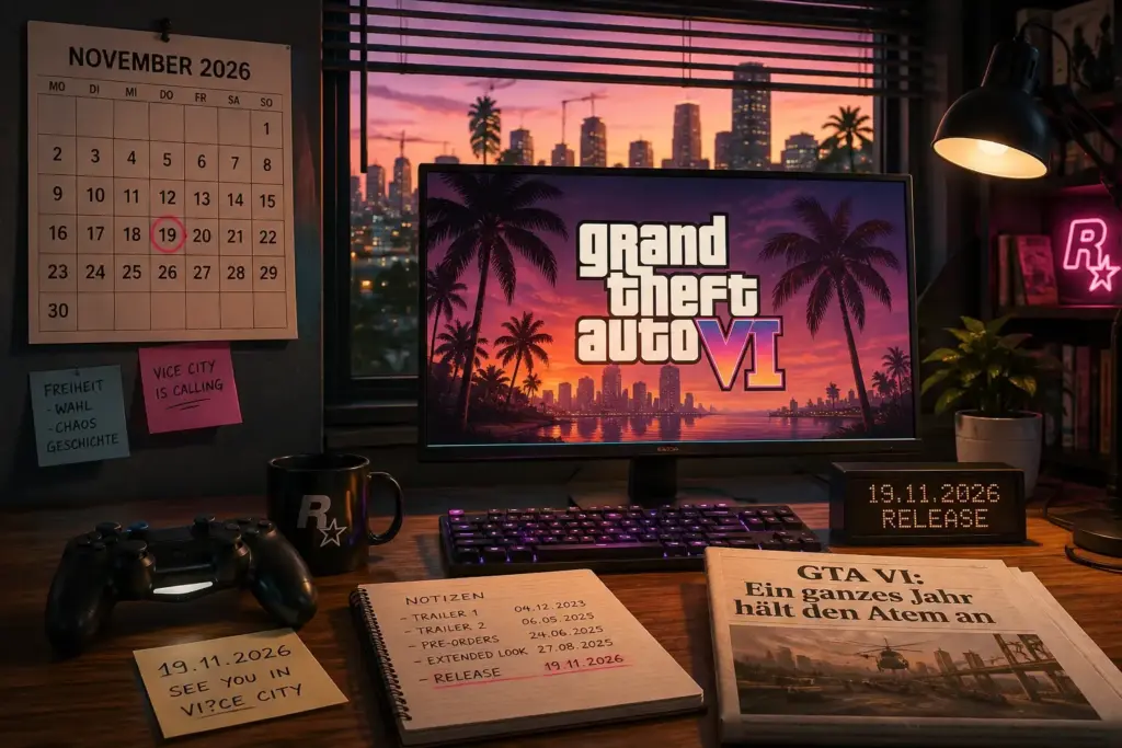 Ein Gaming-Schreibtisch mit Bildschirm, Controller, Kalender für November 2026, Notizbuch und Zeitungsausschnitt vor einer neonbeleuchteten Stadt bei Sonnenuntergang.