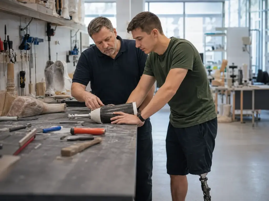 Ein erfahrener Orthopädietechniker und ein jüngerer Trainee mit Unterschenkelprothese arbeiten gemeinsam an einer Prothese auf einer Werkbank.